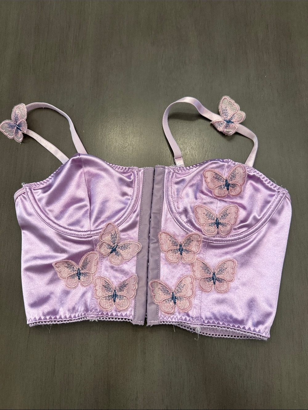 Lavender Satin Butterfly Appliqué Bralette Crop Top